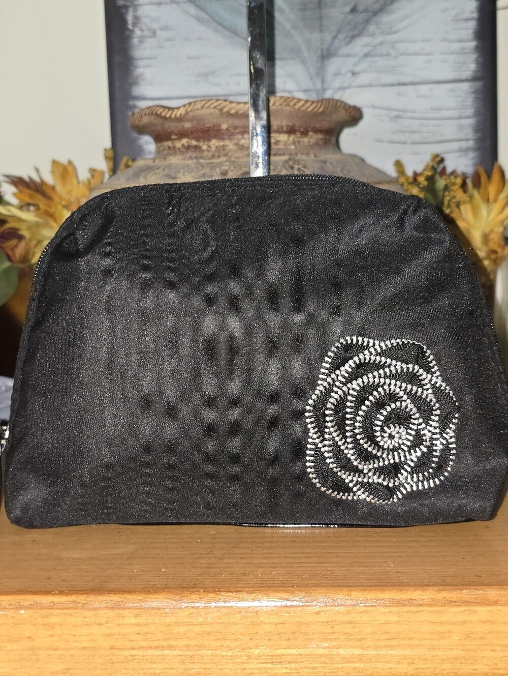 Lancome Cosmetic Pouch. Black Nylon With Floral Applique. EUC